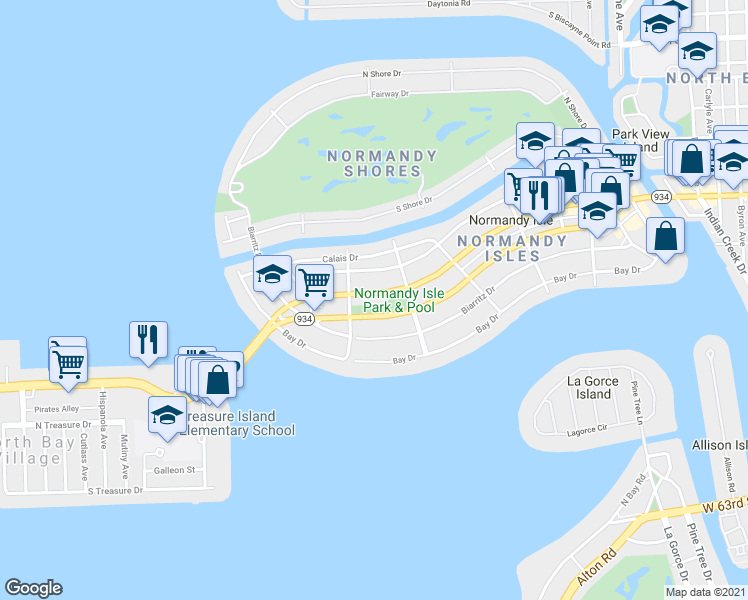 map of restaurants, bars, coffee shops, grocery stores, and more near 1765 Normandy Drive in Miami Beach