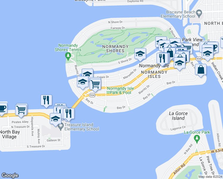 map of restaurants, bars, coffee shops, grocery stores, and more near 1765 Normandy Drive in Miami Beach