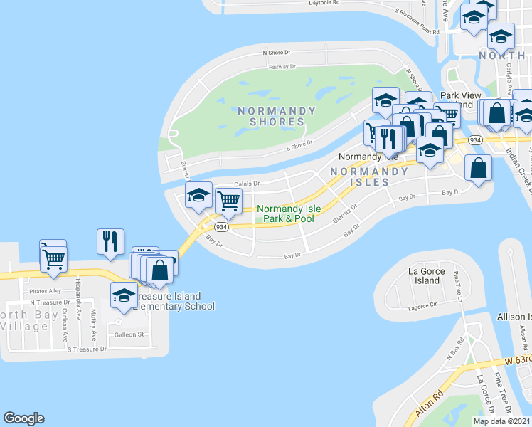 map of restaurants, bars, coffee shops, grocery stores, and more near 1765 Normandy Drive in Miami Beach