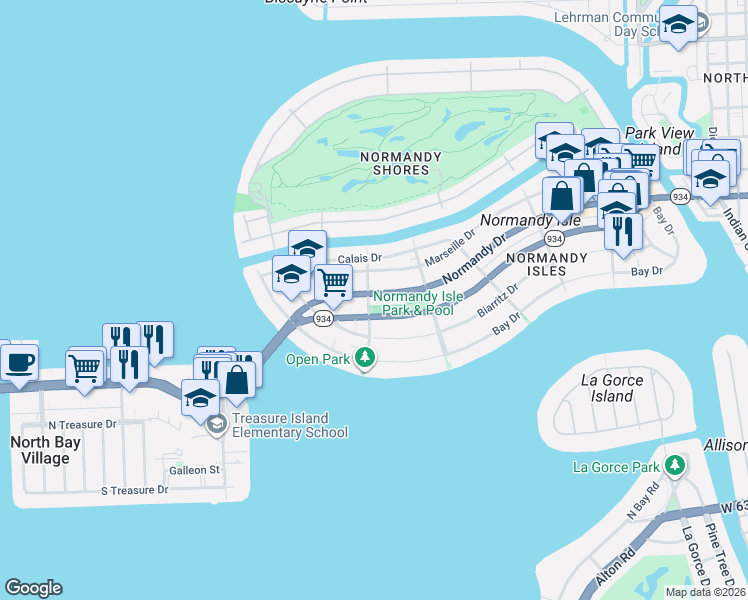 map of restaurants, bars, coffee shops, grocery stores, and more near 1915 Normandy Drive in Miami Beach
