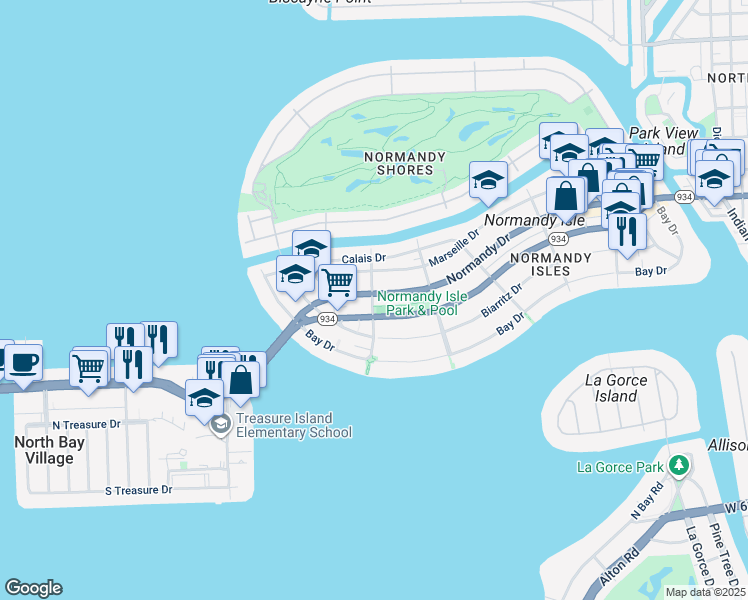map of restaurants, bars, coffee shops, grocery stores, and more near 1915 Normandy Drive in Miami Beach