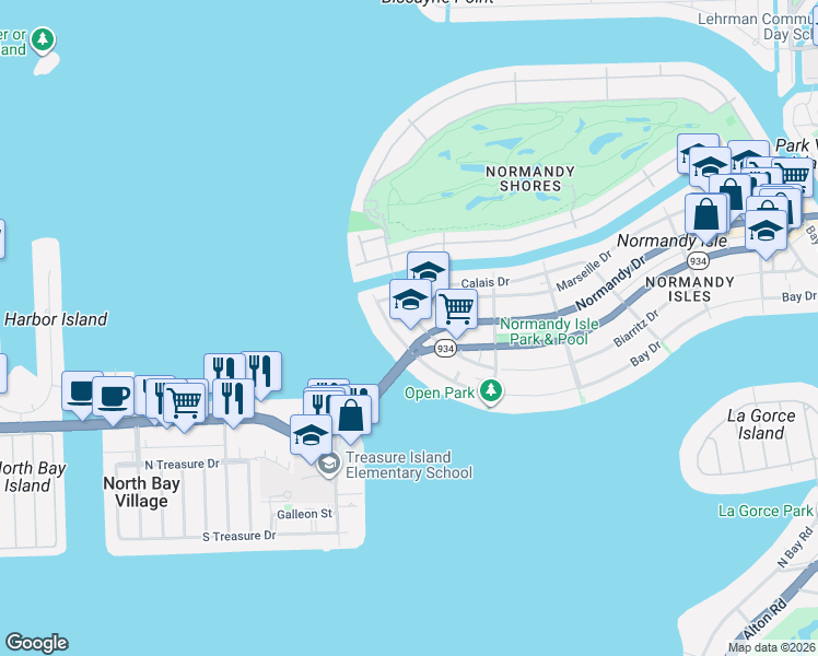 map of restaurants, bars, coffee shops, grocery stores, and more near 2158 Biarritz Drive in Miami Beach