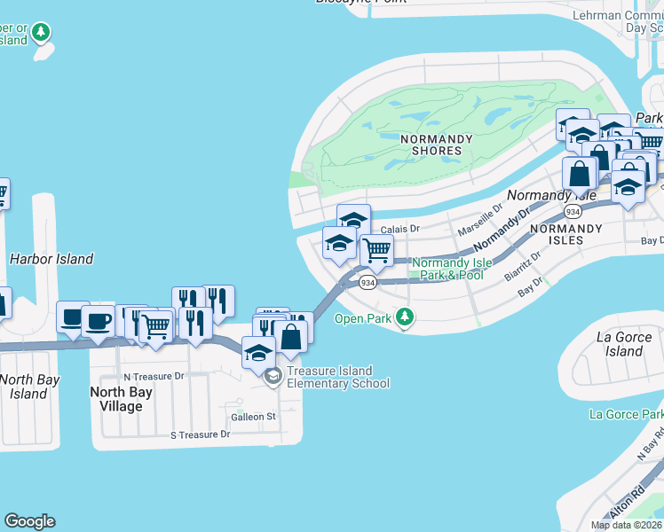 map of restaurants, bars, coffee shops, grocery stores, and more near 2158 Biarritz Drive in Miami Beach