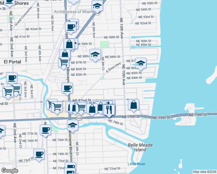 map of restaurants, bars, coffee shops, grocery stores, and more near 8351 Northeast 8th Court in Miami