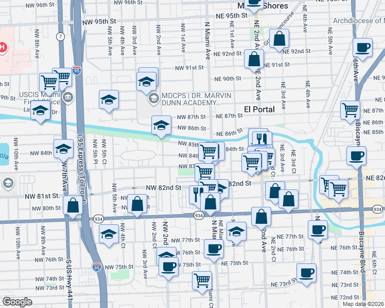 map of restaurants, bars, coffee shops, grocery stores, and more near 8493 Northwest 1st Avenue in Miami