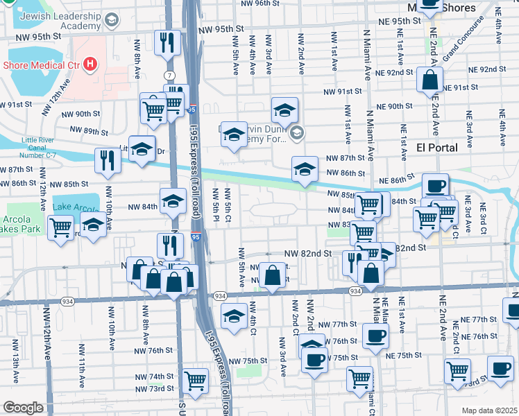 map of restaurants, bars, coffee shops, grocery stores, and more near 8456 Northwest 4th Court in Miami