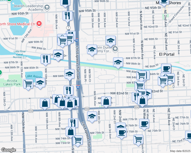 map of restaurants, bars, coffee shops, grocery stores, and more near 474 Northwest 84th Lane in Miami