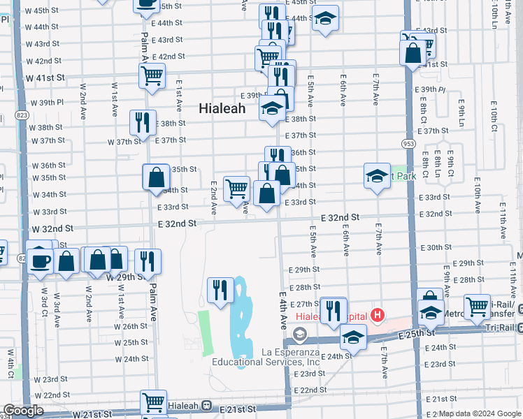 map of restaurants, bars, coffee shops, grocery stores, and more near 355 East 33rd Street in Hialeah