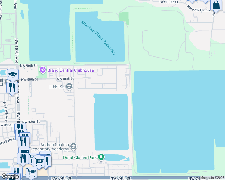 map of restaurants, bars, coffee shops, grocery stores, and more near 8715 Northwest 98th Avenue in Doral