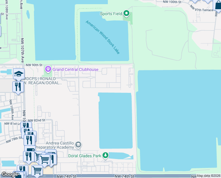 map of restaurants, bars, coffee shops, grocery stores, and more near 8705 Northwest 99th Avenue in Medley