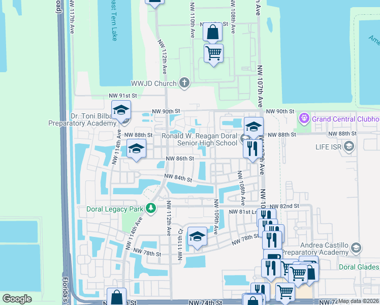 map of restaurants, bars, coffee shops, grocery stores, and more near 11037 Northwest 87th Lane in Hialeah