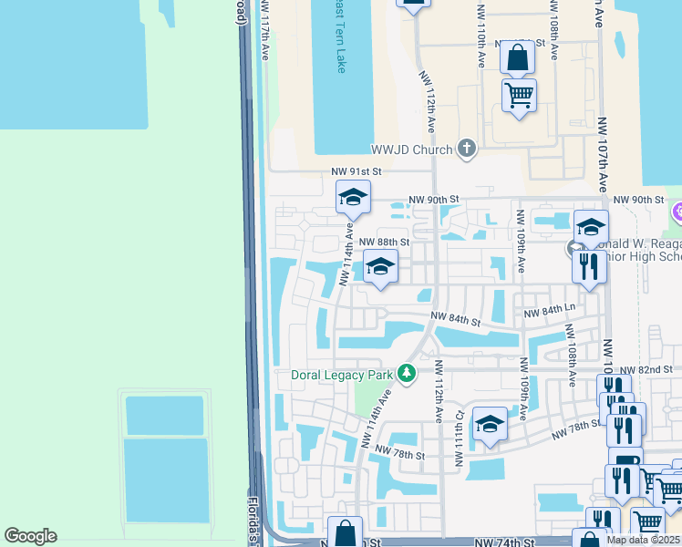 map of restaurants, bars, coffee shops, grocery stores, and more near 11450 Northwest 87th Lane in Doral