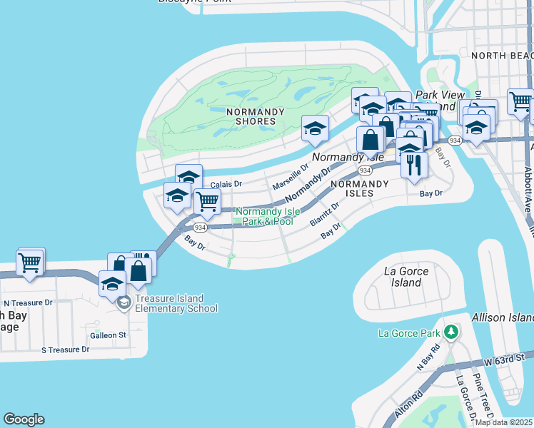map of restaurants, bars, coffee shops, grocery stores, and more near 7030 Trouville Esplanade in Miami Beach