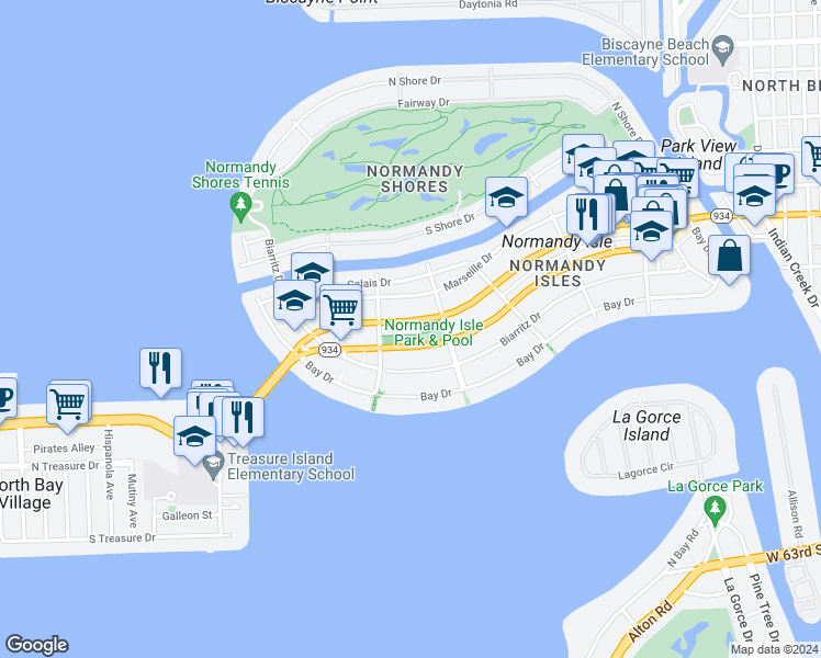 map of restaurants, bars, coffee shops, grocery stores, and more near 1760 Normandy Drive in Miami Beach