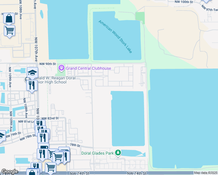 map of restaurants, bars, coffee shops, grocery stores, and more near 9953 Northwest 86th Terrace in Doral