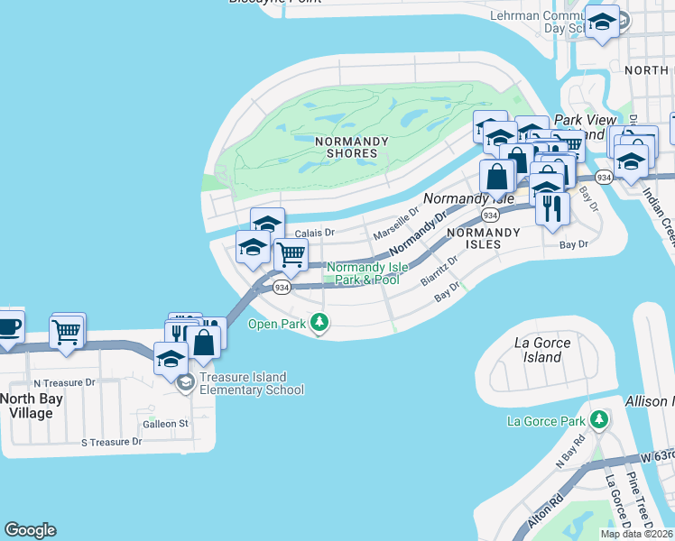 map of restaurants, bars, coffee shops, grocery stores, and more near 1765 Normandy Drive in Miami Beach