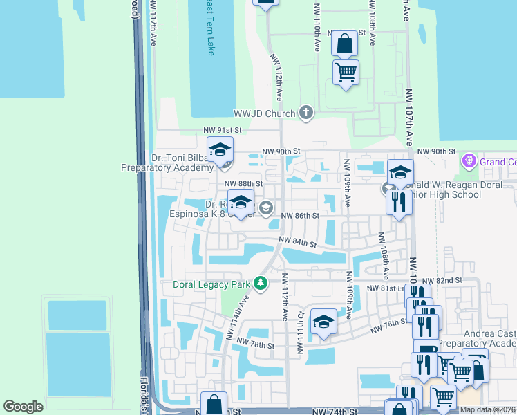 map of restaurants, bars, coffee shops, grocery stores, and more near 11269 Northwest 87th Street in Doral