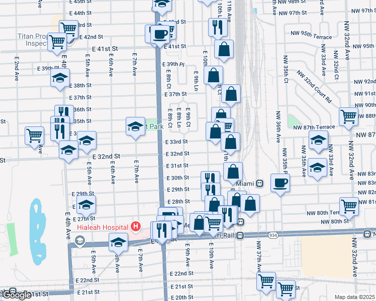 map of restaurants, bars, coffee shops, grocery stores, and more near 942 East 33rd Street in Hialeah