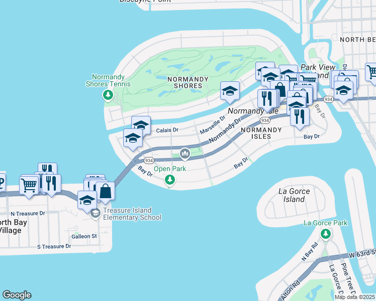 map of restaurants, bars, coffee shops, grocery stores, and more near 1740 Normandy Drive in Miami Beach
