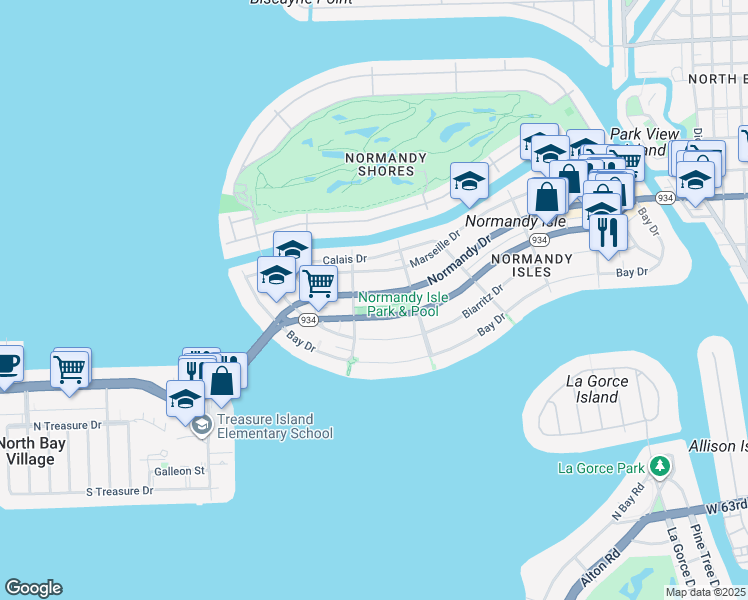 map of restaurants, bars, coffee shops, grocery stores, and more near 1776 Normandy Drive in Miami Beach