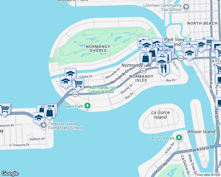 map of restaurants, bars, coffee shops, grocery stores, and more near 1595 Normandy Drive in Miami Beach