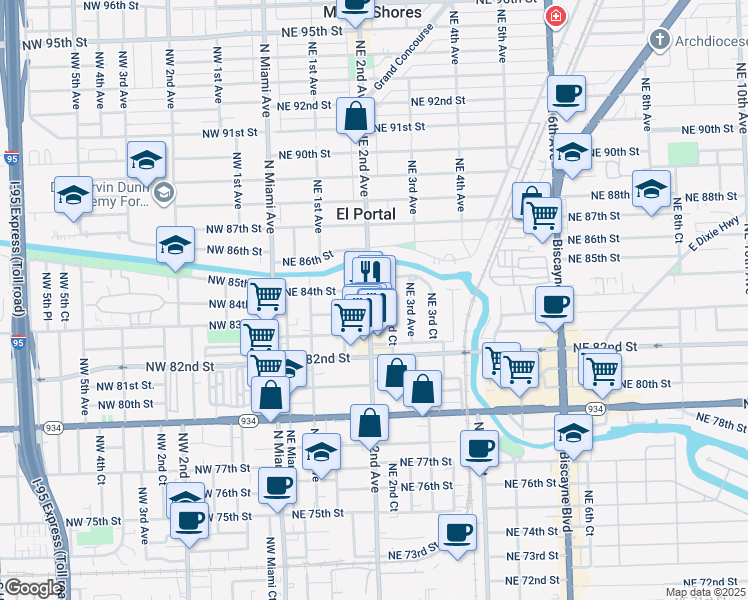 map of restaurants, bars, coffee shops, grocery stores, and more near in Miami