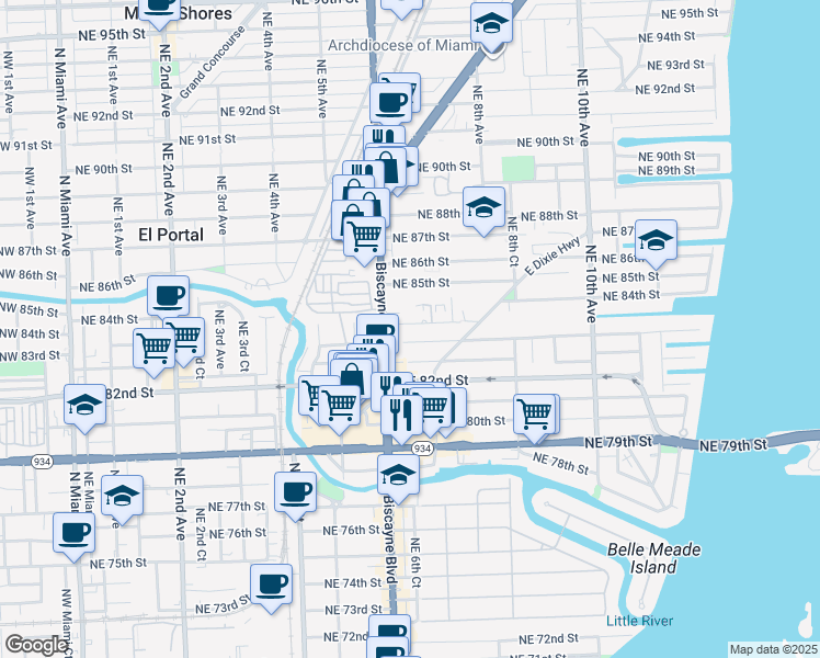map of restaurants, bars, coffee shops, grocery stores, and more near 645 Northeast 83rd Terrace in Miami
