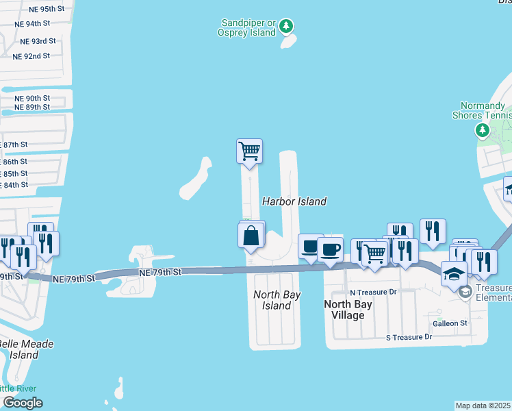 map of restaurants, bars, coffee shops, grocery stores, and more near 7929 West Drive in North Bay Village