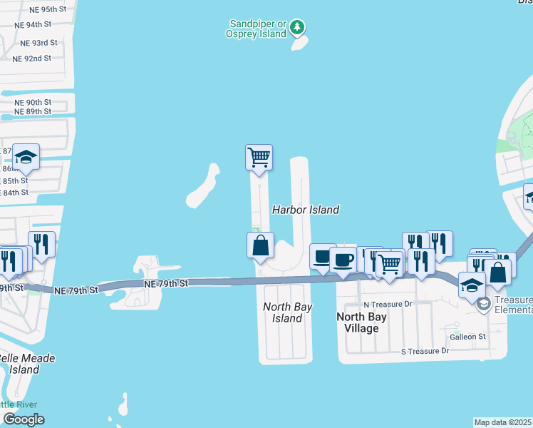 map of restaurants, bars, coffee shops, grocery stores, and more near 7934 West Drive in Miami Beach