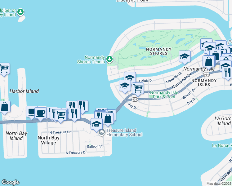 map of restaurants, bars, coffee shops, grocery stores, and more near 2180 Bay Drive in Miami Beach