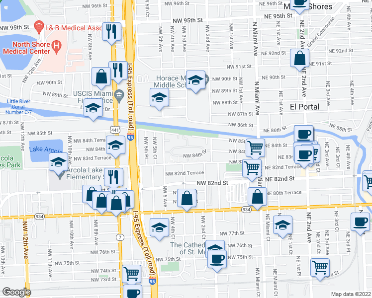 map of restaurants, bars, coffee shops, grocery stores, and more near 8463 Northwest 4th Court in Miami