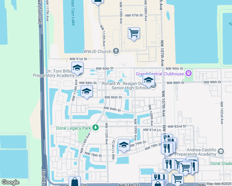 map of restaurants, bars, coffee shops, grocery stores, and more near 11037 Northwest 87th Lane in Hialeah