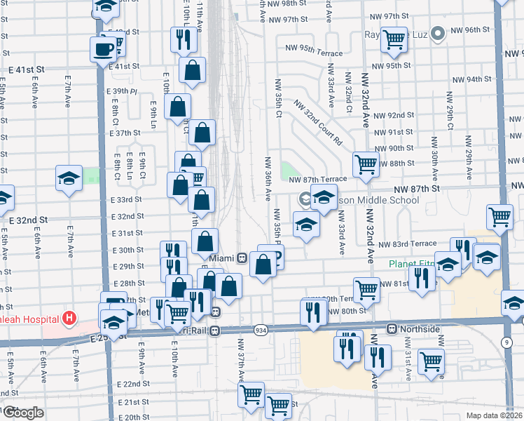 map of restaurants, bars, coffee shops, grocery stores, and more near 8626 Northwest 35th Place in Miami
