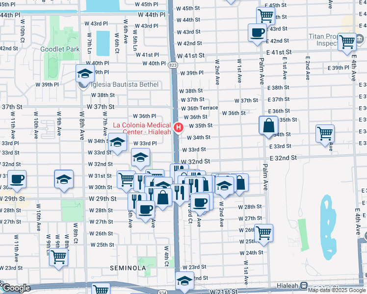 map of restaurants, bars, coffee shops, grocery stores, and more near 342 West 34th Street in Hialeah