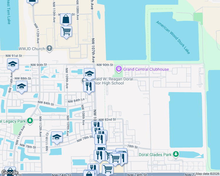 map of restaurants, bars, coffee shops, grocery stores, and more near 10600 Northwest 88th Street in Doral