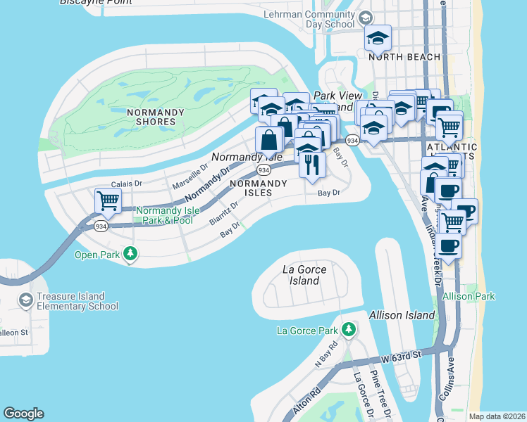 map of restaurants, bars, coffee shops, grocery stores, and more near 1200 Bay Drive in Miami Beach