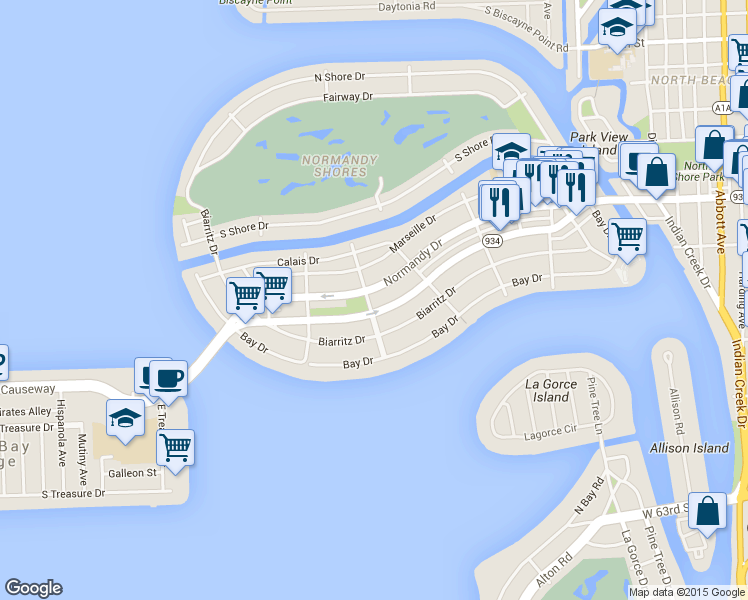 map of restaurants, bars, coffee shops, grocery stores, and more near 1595 Normandy Drive in Miami Beach