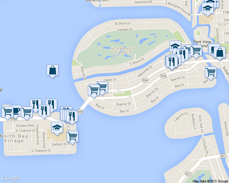 map of restaurants, bars, coffee shops, grocery stores, and more near 1915 Normandy Drive in Miami Beach