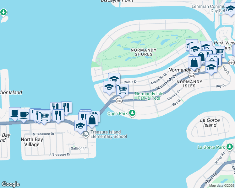 map of restaurants, bars, coffee shops, grocery stores, and more near 1990 Marseille Drive in Miami Beach