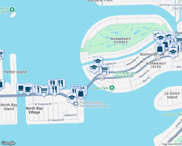 map of restaurants, bars, coffee shops, grocery stores, and more near 2158 Biarritz Drive in Miami Beach