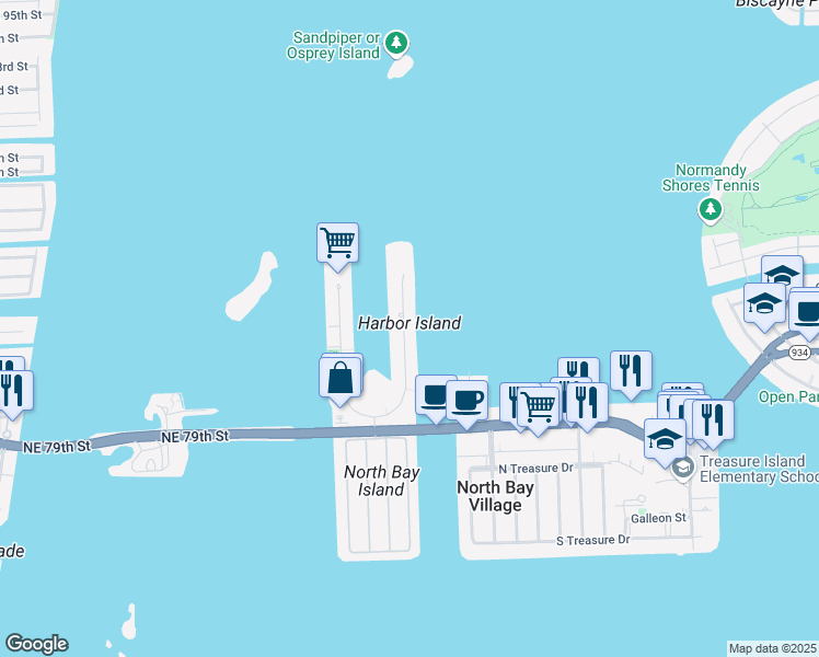 map of restaurants, bars, coffee shops, grocery stores, and more near 7931 East Drive in North Bay Village