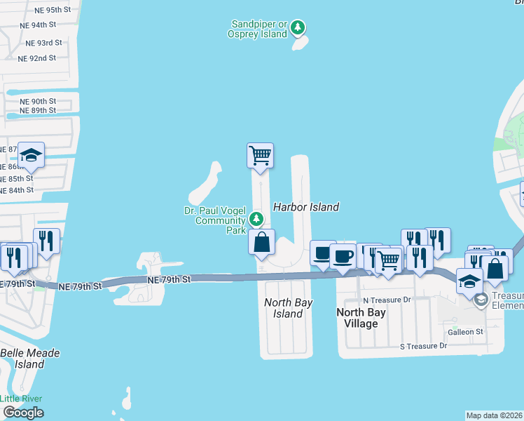 map of restaurants, bars, coffee shops, grocery stores, and more near 7929 West Drive in North Bay Village