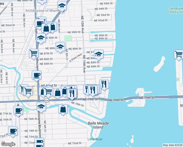 map of restaurants, bars, coffee shops, grocery stores, and more near 1087 Northeast 83rd Street in Miami