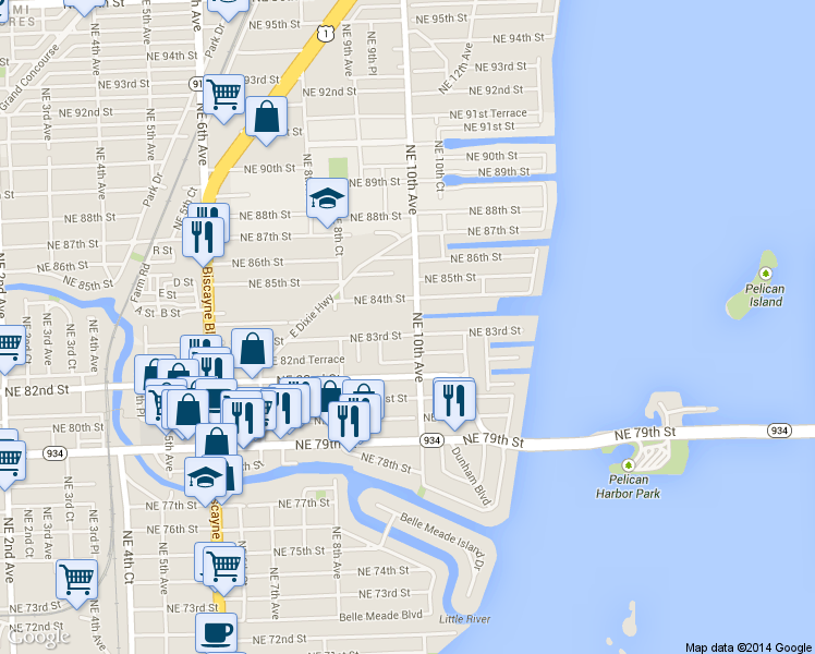 map of restaurants, bars, coffee shops, grocery stores, and more near 8351-8367 Northeast 10th Avenue in Miami