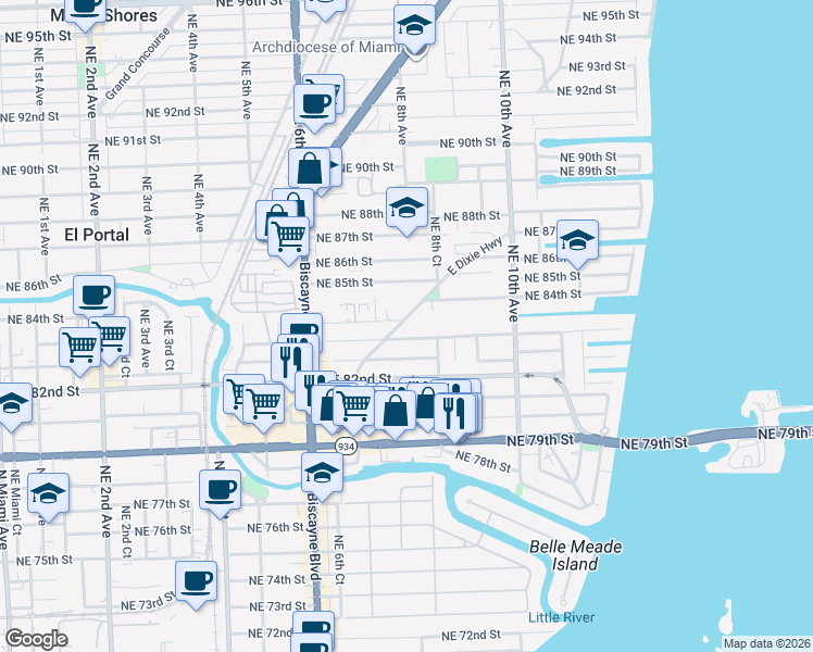 map of restaurants, bars, coffee shops, grocery stores, and more near 8350 East Dixie Highway in Miami