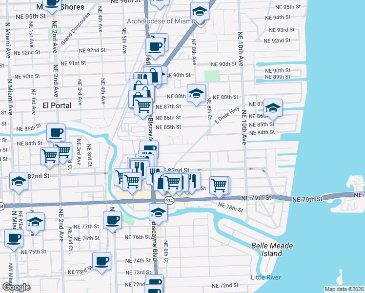 map of restaurants, bars, coffee shops, grocery stores, and more near 719 Northeast 83rd Terrace in Miami