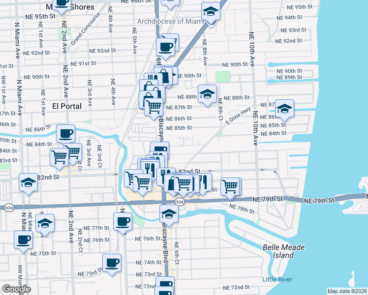 map of restaurants, bars, coffee shops, grocery stores, and more near 719 Northeast 83rd Terrace in Miami