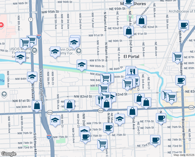 map of restaurants, bars, coffee shops, grocery stores, and more near 8493 Northwest 1st Avenue in Miami