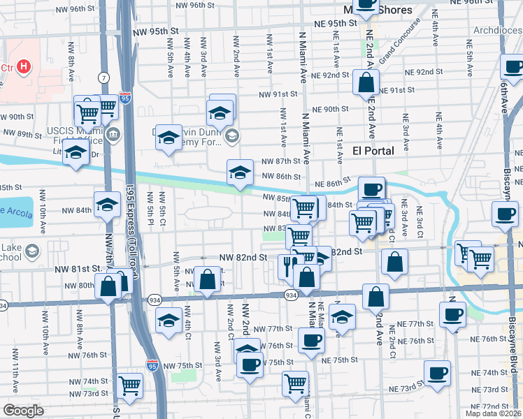 map of restaurants, bars, coffee shops, grocery stores, and more near 180 Northwest 85th Street in Miami