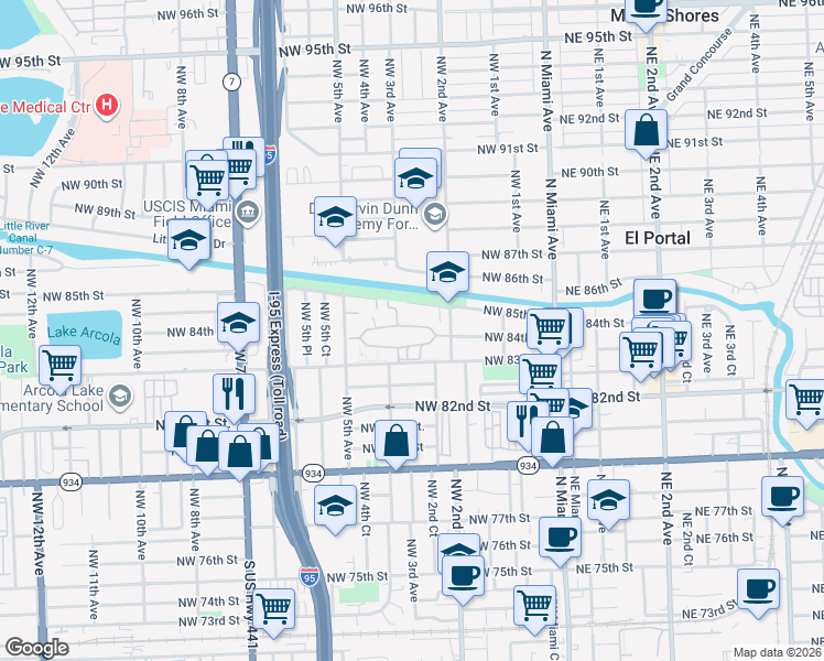 map of restaurants, bars, coffee shops, grocery stores, and more near 254 Northwest 85th Street Road in Miami